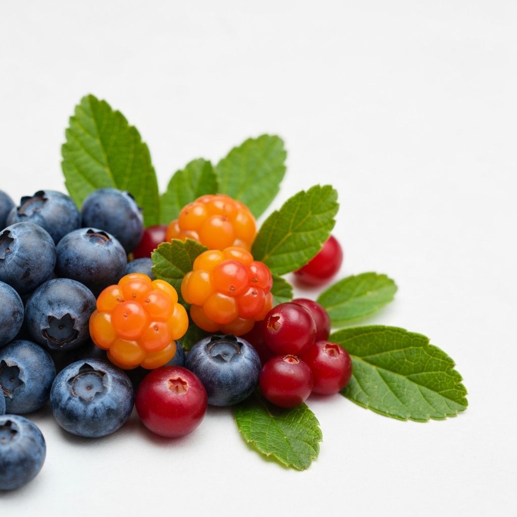 Close-up of fresh bilberries, cloudberries, and cranberries on a cold Nordic background